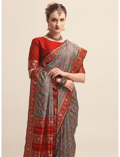 KAPAAHA Woven Navratan Patola Saree (Grey)